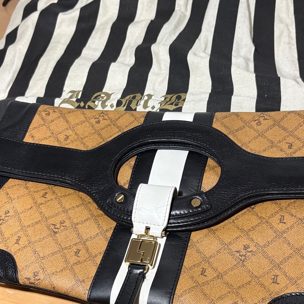 L.A.M.B. Tan and Black Clutch with White Detail